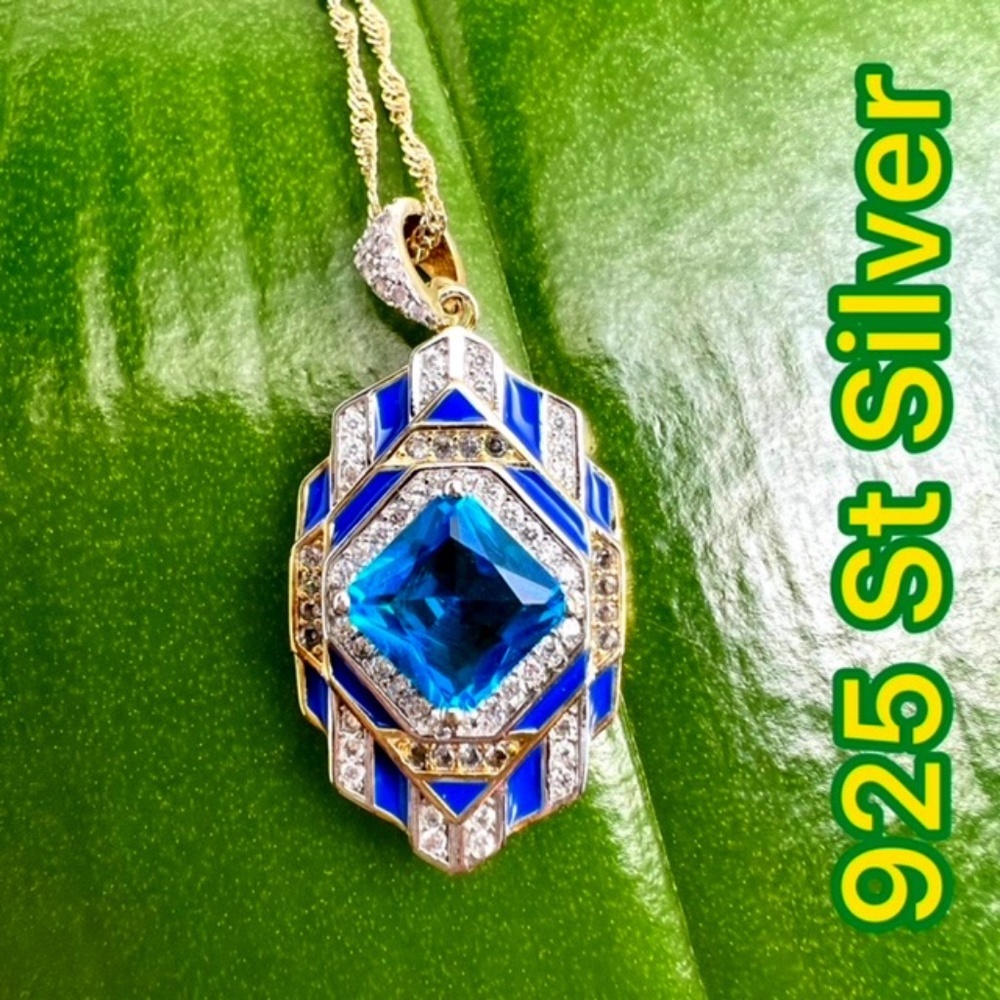 NWT 925 STERLING SILVER CZ AQUAMARINE & DIAMOND ENAMEL YELLOW GOLD NECKLACE